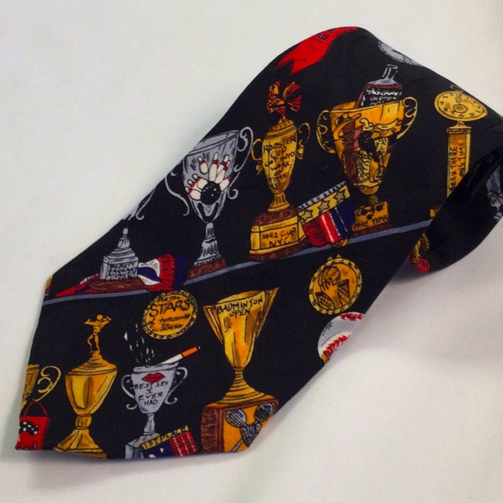 Nichole Miller silk necktie. 1992 trophies.